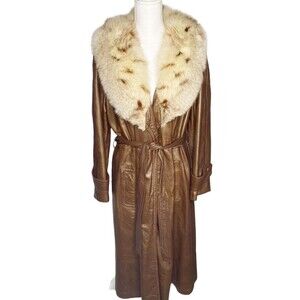 Dan Di Modes Womens Vtg Leather Jacket Fur Collar Long With Belt Sz 16 Trench